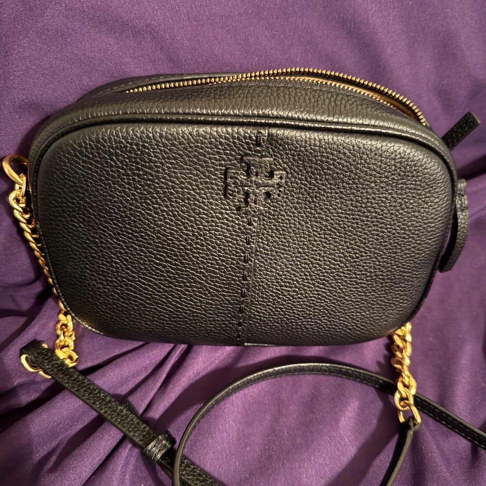 Tory Burch Black and Gold McGraw Camera/Crossbody Bag with Chain Strap.